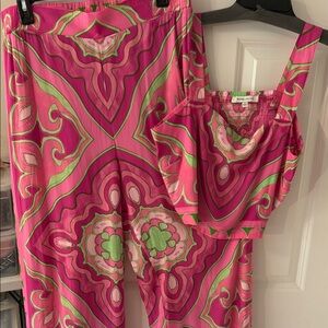 Rose & Olive Pink & Green Wide Leg pant  with Strappy Top